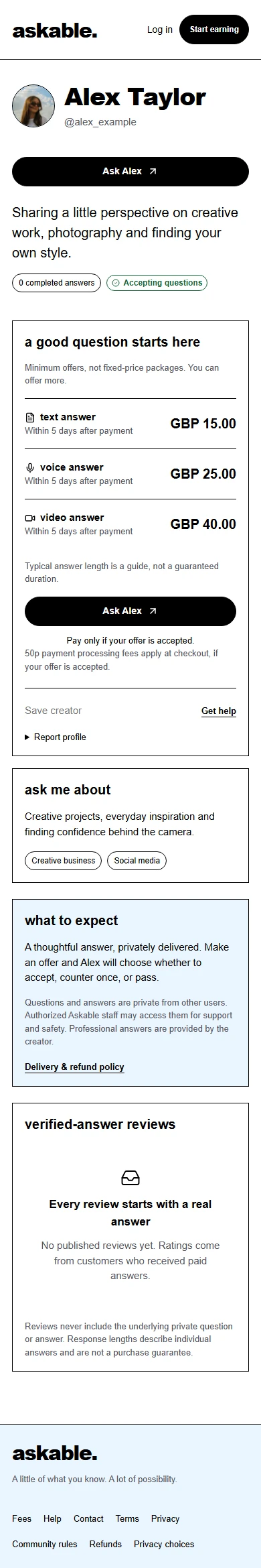 Illustrative Alex Taylor public profile with a photo, bio, minimum offers for text, voice and video answers, topics and review information.